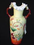 367 - Yellow Bristol Vase with Hand Painted Roses and Thorned Rose Stem Handles with Ruffled Top 13 in. T. X 7 in. W.