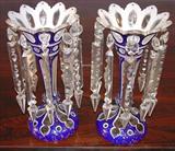 358 - Pair Bohemian Victorian Cobalt Cut to Clear Mantle Lusters 10in. Tall