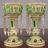357 - Pair White cut to Green Mantel Lusters