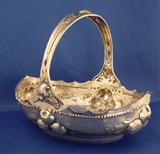 86 - Repousse` Handled Oval Fruit Bowl in repousse` with Fruit Motif, N)10802 Crescent Moon & Crown 800 Illegible Stamp Germany, 10in. L. X 8in. H, ca. Post 1886