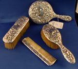 88 - 4 piece Vanity Set, Comb, Brush, Mirror and Clothes brush, Right Facing Lion Anchor G Sterling on mirror, brush, clothes brush, 1894 date stamp