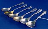 89 - Set of 6 Dessert Spoons with Gold Wash Ribbon and Braid pattern, Left Facing Lion in Square 800 in shield, Lutz and Weiss, ca. 1992 - 1920