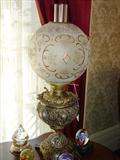 103 - Bradley & Hubbard Pierced Brass Lamp with Hand Painted Satin Shade 23 12 in. T.
