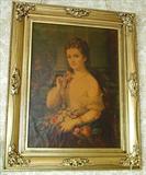 115 - Gold Leaf Frame with Oil Print of Antebellum Lady with Damage 31 12 in. X 39