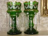 113 - Pair of Victorian Green Double Ring 14 in. T. Mantle Lusters