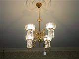 154 - Brass Four-Light Gasolie, Four Etched Satin Glass Shades and Prisms 40 in. T. X 24 in. Dia. (