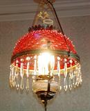 155 - Victorian Hanging Oil Lamp with Cranberry Hobnail Shades & Press Glass Font 14 in. Dia.