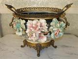 167 - Victorian Italian Center Bowl with Hand Painted and Embossed Flowers with Bronze Mounts 13 12 in.