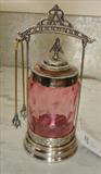 168 - Cranberry Coin Dot Victorian Pickle Castor in Silver Plate Stand with Tongs 10 12 in. T.