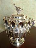 185_1 - Victorian Silver Plate Master Sugar Bowl with 12 Spoons and Bird Finial 9 12 in. T.