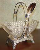 212 - Victorian Press Glass Fruit Dish with Victorian Silver Plate Stand and Spoon 11 in. T. X 10 in. X 5 in.