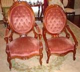 143 - Pair of Mahogany Victorian Side Chairs with Finger Carved Fruit and Horse Hair Seats