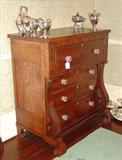 160 - Circa 1830 Empire Style Scroll Foot Four-Drawer Lenin Press with Sandwich Glass Knobs and Ivory Key Hole Sketching 47in. T. X 42.50in. W X 23in. Deep