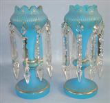 9 - Pair of Blue Victorian mantle lusters with prisms, 11in. Tall