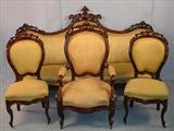 32 - 4 piece Victorian Parlor suite with gold upholstery, Sofa, arm chair, 2 side chairs, original finish, ca. 1860