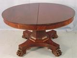 64 - Empire Dining Table with drop down end legs & claw feet, 54in. Diameter with 3 original Leaves, ca. 1840