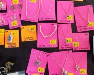 LOTS OF STERLING NECKLACES, BRACELETS, EARRING AND RINGS.
