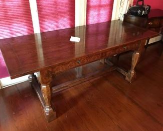 Large Oak Trestle Desk/Table 2 Drawers
