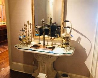 Consol with wood top and gilt mirror and accessories