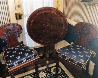 Italian tilt table with fine inlay pair of carved Mahogany chairs
