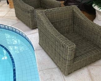 Pair of swivel chairs, for stationary chairs, round concrete topped Teak based table, and huge rectangular Teak based table available