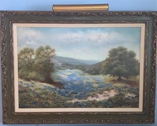 Inez Roebuck 1972 bluebonnets oil painting, framed dimensions: 44”L x 32”H                      