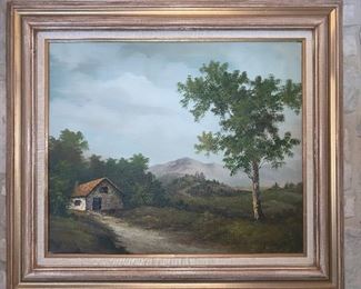 countryside oil painting, framed dimensions: 31”L x 31”H