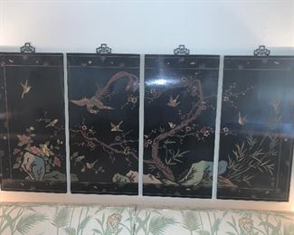 antique Coromandel carved and painted wooden screen, purchased from the antique dept at Nieman Marcus, 4 separate panels, each panel is 36H x 18W