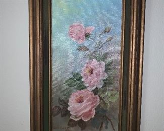 Inez Roebuck 1976 floral oil painting, framed dimensions: 12.5”L x 20.5”H