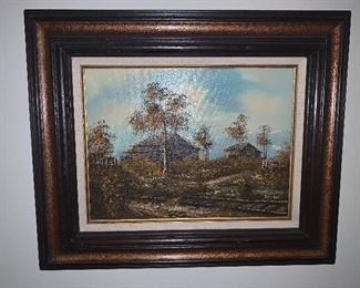 fall scene oil painting, framed dimensions: 23.5”L x 20”H