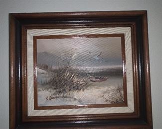 beach scene oil painting, framed dimensions: 14.5”L x 12”H