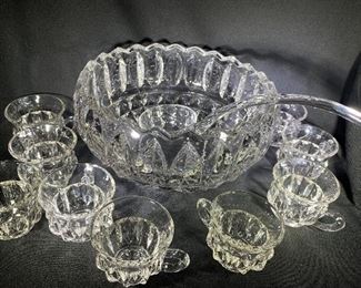 glass punch bowl, cups, ladle