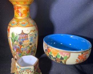 Asian decorative vases and bowl