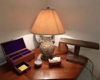 Contents on top of Dresser - 2 Lamps, Polished Geode, and Mirror