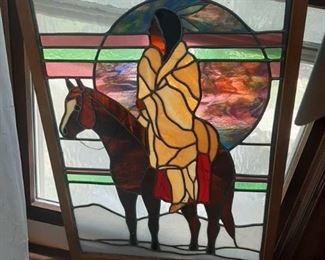 Horse with Rider Stained Glass in Frame - Some Cracks
