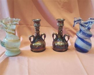 Fenton carnival glass candlesticks and 2 art glass vases