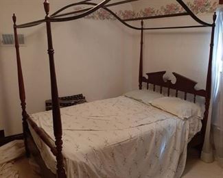 Full Size Cherry Canopy Bed with Mattress Set and Sheets - Upstairs