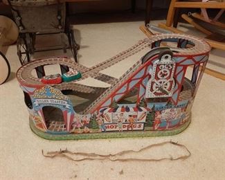 Tin Roller Coaster Toy with 2 Cars - The Wind Up Mechanism Works
