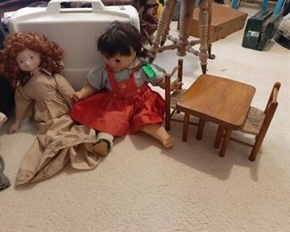 2 Dolls and Doll Table with 2 Chairs
