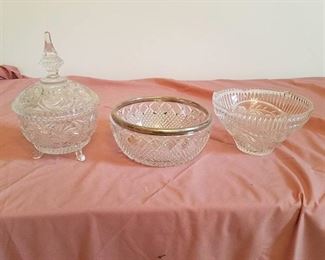 footed candy dish and two bowls