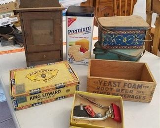 assorted boxes, tens, mini curio, vintage shaving kit how fun is what you get