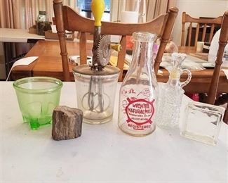 Milk jug, mixer, petrified wood, other misc