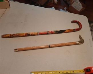 Short Carved Colorful Cane and Brass Duck Headed Cane that is Broke
