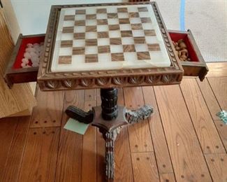 Carved Wood Chess Set - Most Brown Pieces are Broken