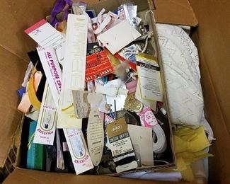large box of fabric with Sewing Notions