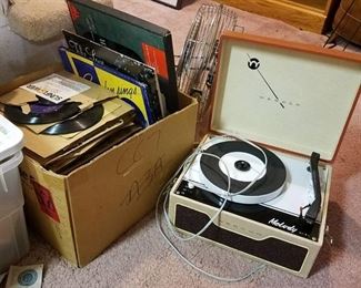 webcor record player with assorted records