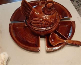 Chicken Soup Tureen and 4 Relish Trays (2 have been Repaired)