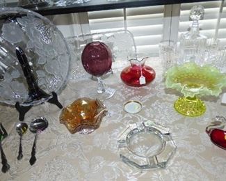 Baccarat crystal ashtray in front, Fenton Opalescent hobnail compote, etc.