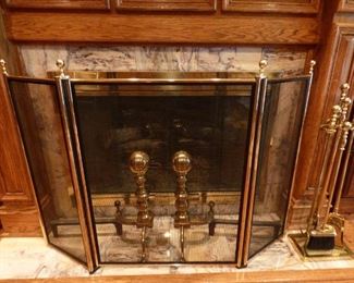Virginia Metalcrafters Fireplace Screen, Brass Andirons, Fireplace Tool Set