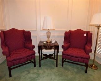 Pair of Hickory Chair Wing Back Chairs, Mahogany Center Table